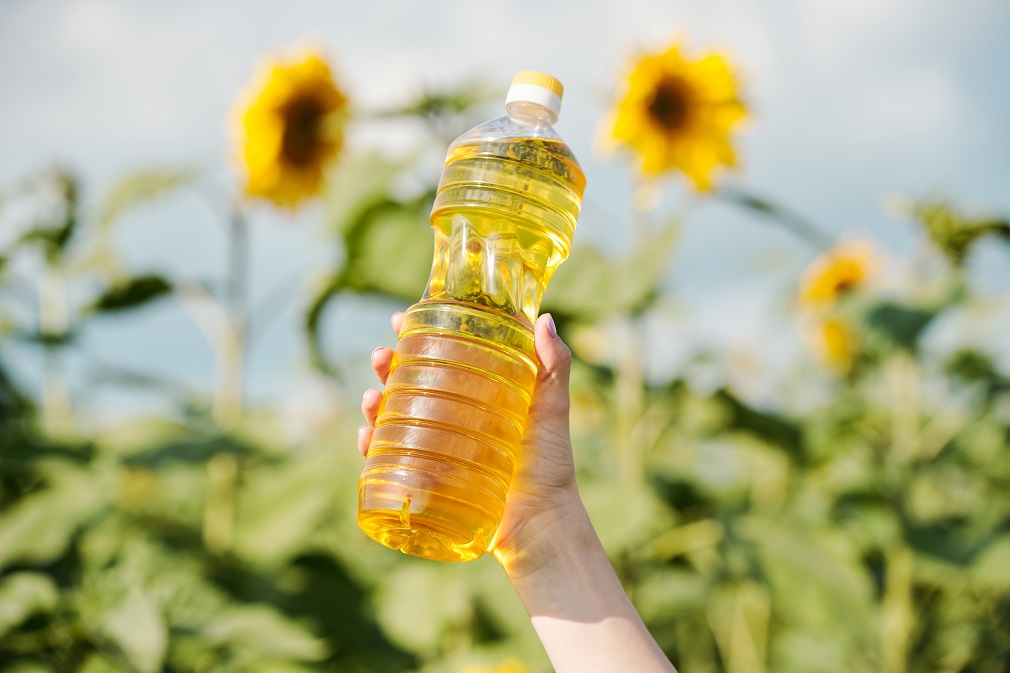 Hand of young contemporary female farmer holding bottle with fresh sunflower oil